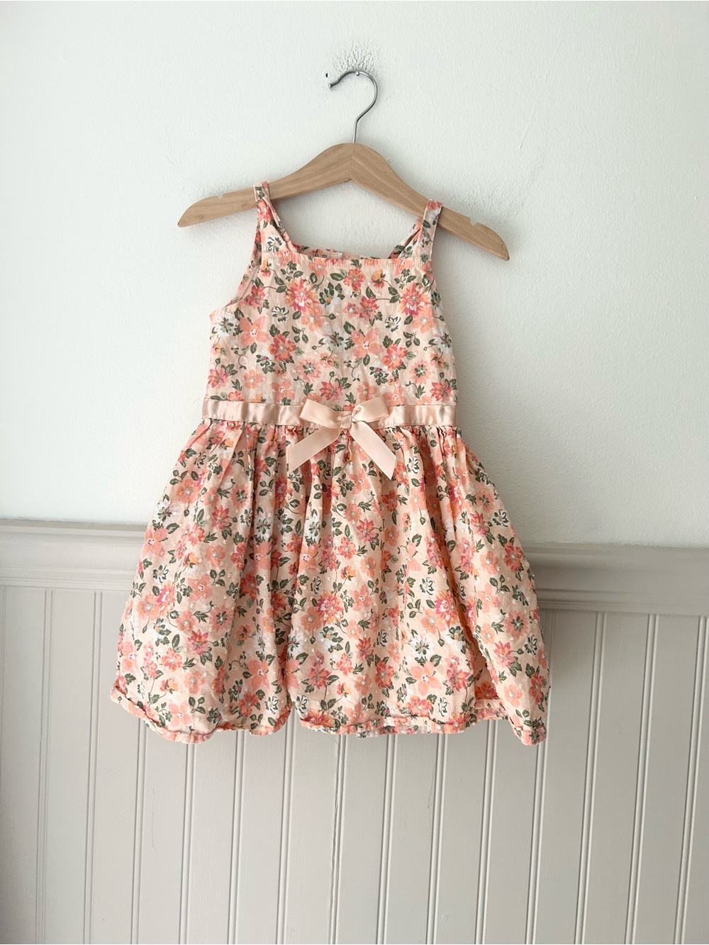 Little Lass Girls 4 Peach Floral Ribbon Bow Cotton Dress